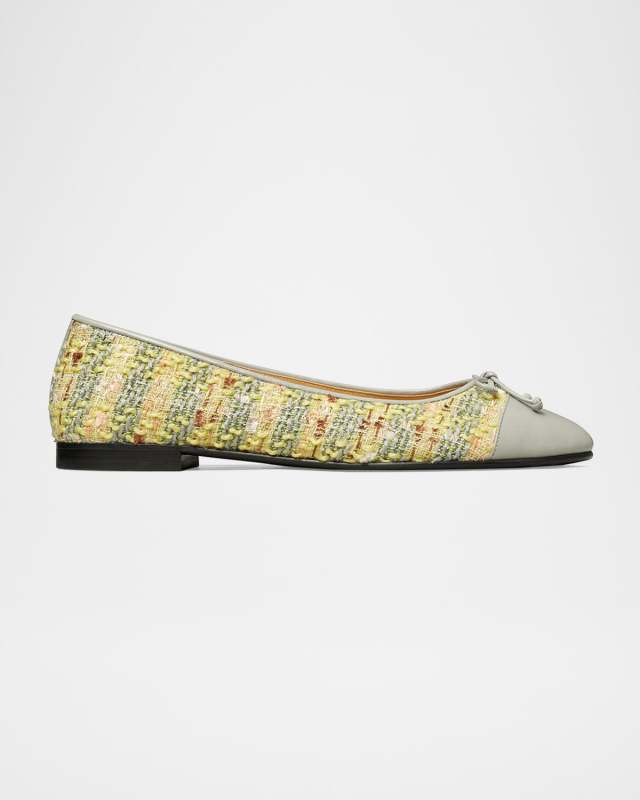 Tweed Cap-Toe Bow Ballerina Flats